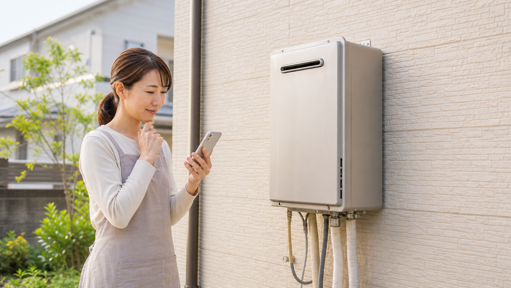 家の外に設置された給湯器を確認する女性