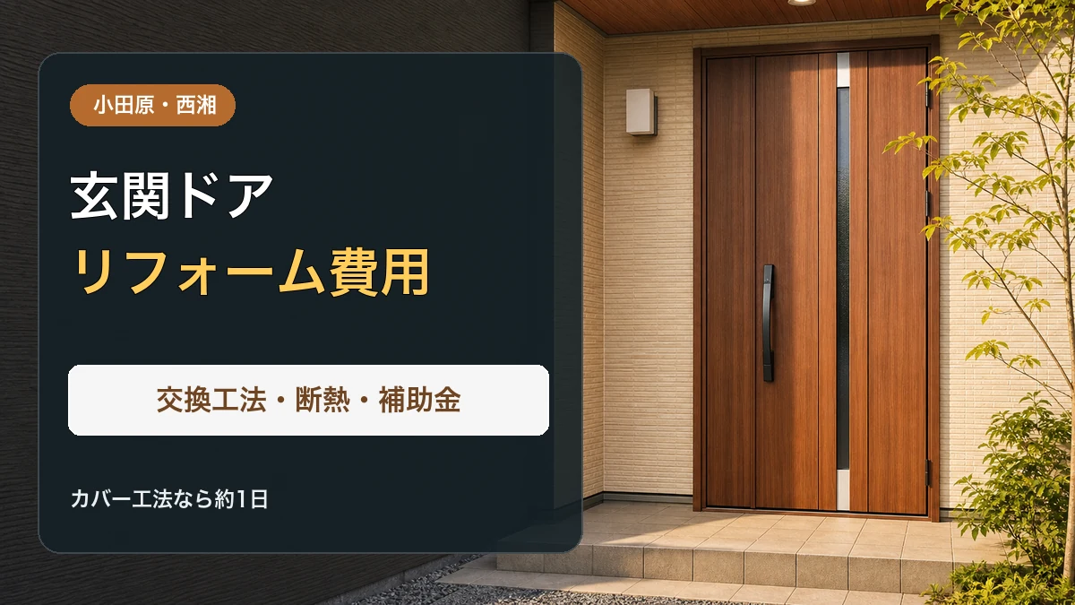 木目調の断熱玄関ドアと「玄関ドアリフォーム費用 交換工法・断熱・補助金」の文字
