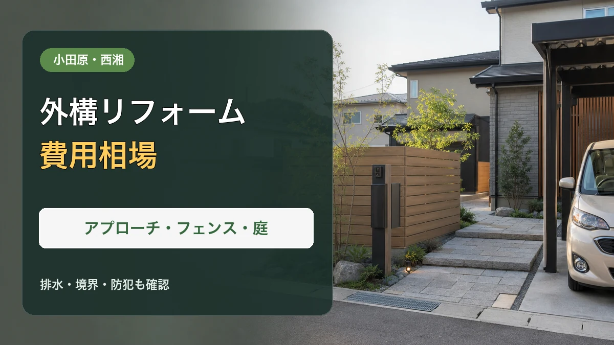 アプローチと木調フェンスのある外構と「外構リフォーム費用相場」の文字