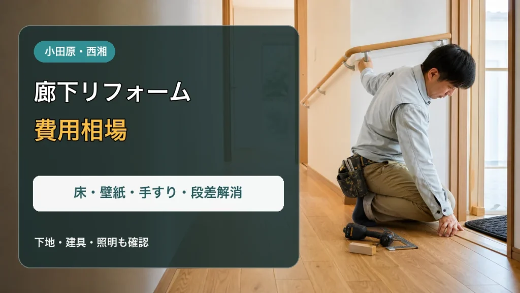 木製廊下へ手すりを施工する様子と「廊下リフォーム 費用相場」の文字