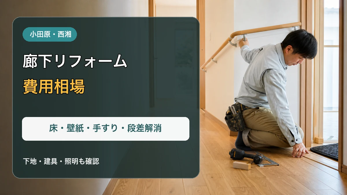 木製廊下へ手すりを施工する様子と「廊下リフォーム 費用相場」の文字