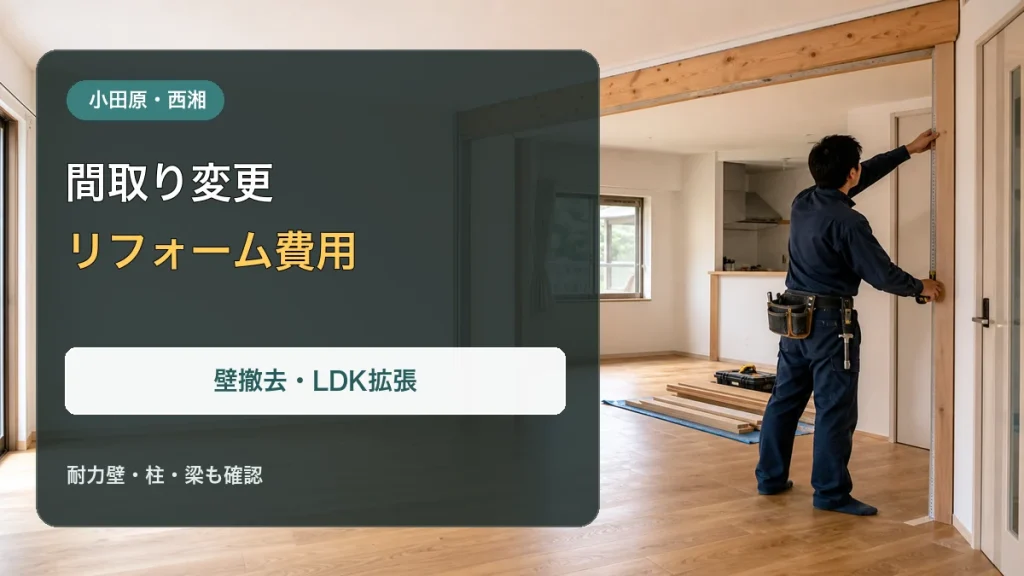 壁を開口してLDKを広げる施工現場と「間取り変更リフォーム 費用相場」の文字