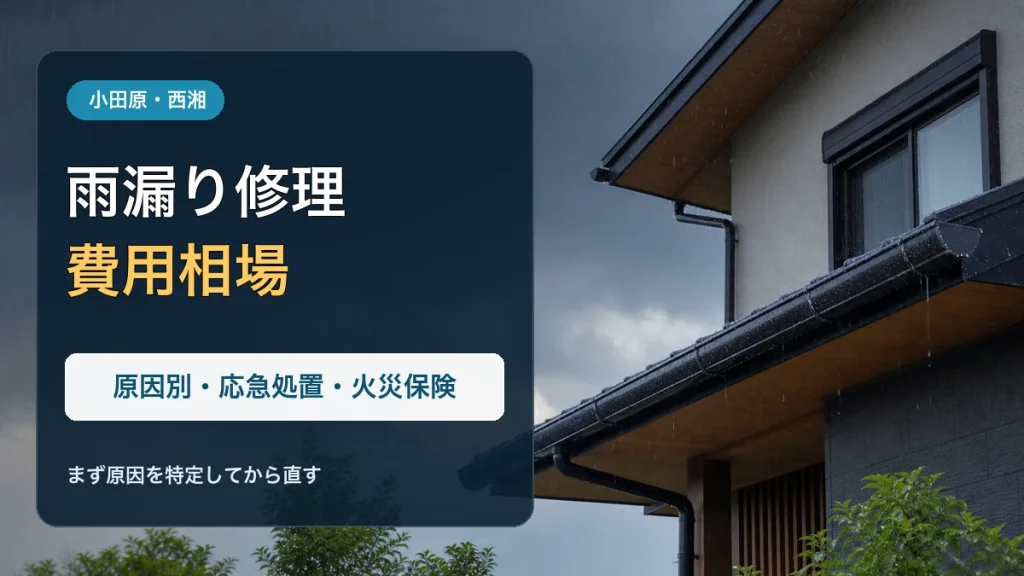 雨の中の住宅と「雨漏り修理 費用相場 原因別・応急処置・火災保険」の文字