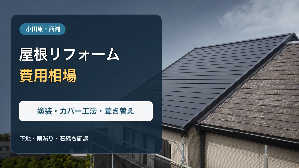 新旧の屋根材を比較できる住宅と「屋根リフォーム費用相場」の文字