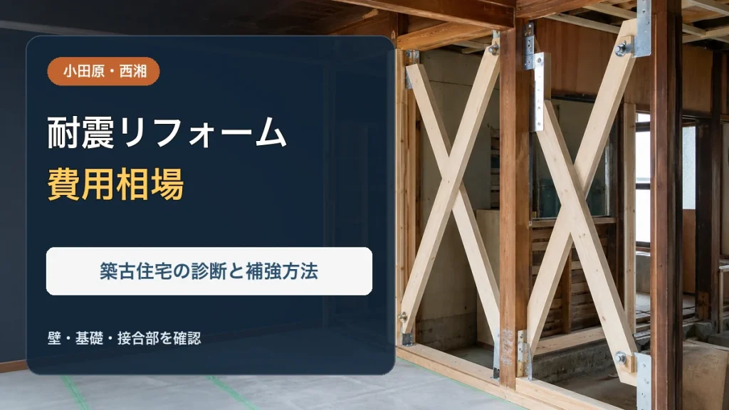 木造住宅の筋交いと金物による耐震補強と「耐震リフォーム費用相場」の文字