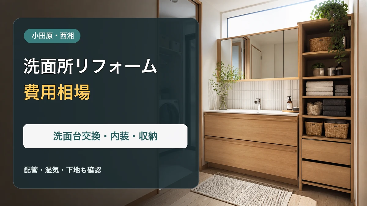 明るい木目の洗面所と「洗面所リフォーム 費用相場」の文字