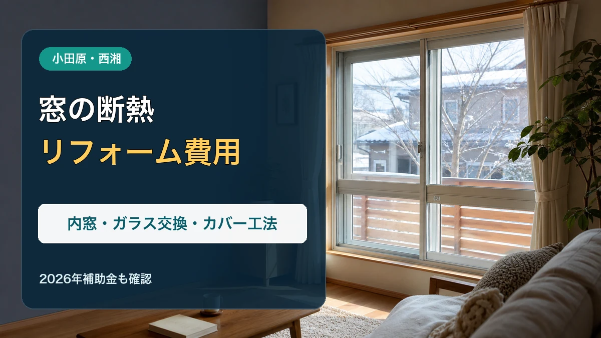 断熱窓のある暖かなリビングと「窓の断熱リフォーム費用 内窓・ガラス交換・カバー工法」の文字